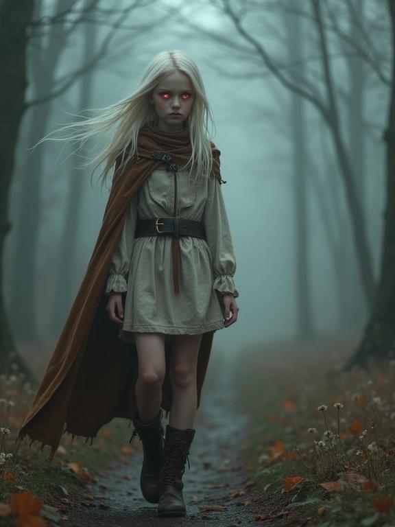 Photorealistic image of a tween girl in a foggy forest. She has long, pale blonde hair and glowing red eyes. Dressed in a short white and brown traveling dress, brown boots, and a heavy cloak. Walking with an underweight body and cold stare. Vampire fangs visible.