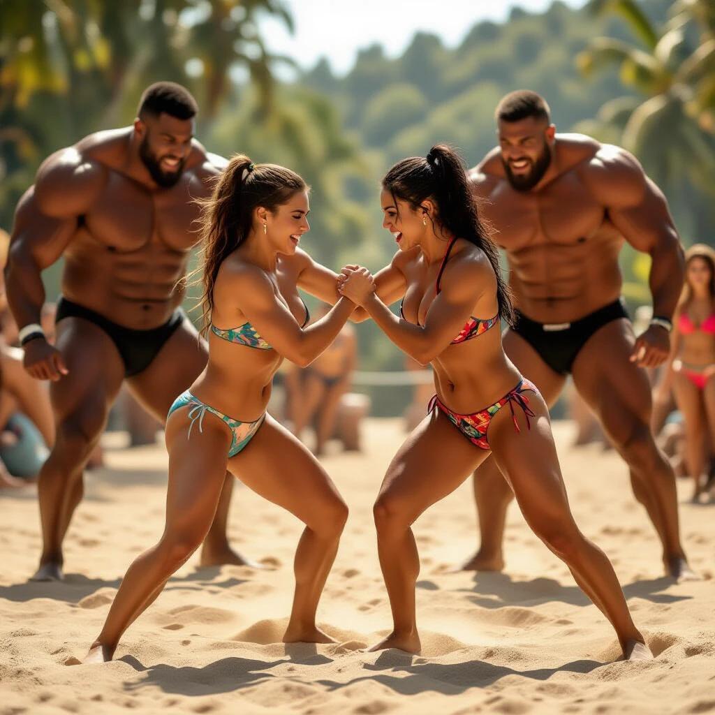 Two women wrestling in bikinis with giant men in the background. Outdoor setting with warm natural light highlighting the action.