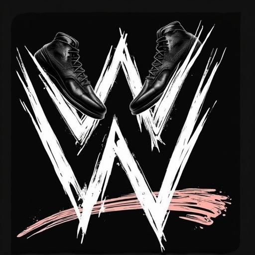 Black and white wrestling shoes displayed with bold logo. No human presence. Artistic representation of footwear and identity.