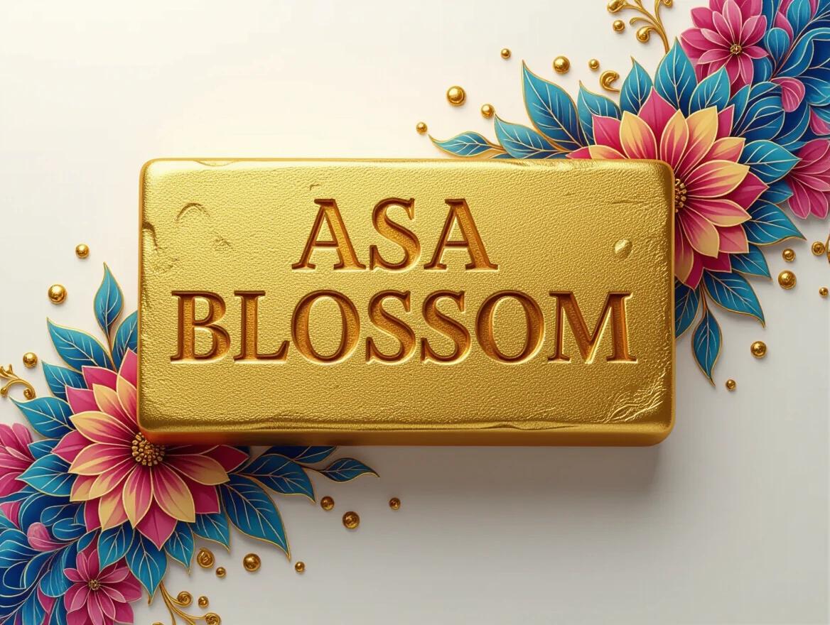 Logo ASA BLOSSOM is inscribed on a gold brick. Playful tone communicated through design. Surrounding floral elements create a magical and surreal ambiance. Vivid colors and a dreamlike atmosphere enhance the white background.