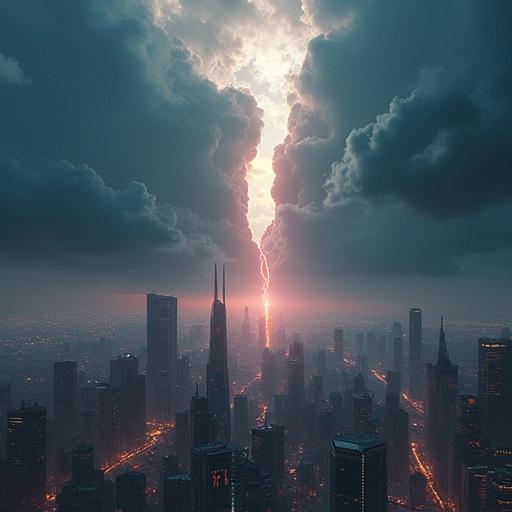 Futuristic cityscape with a crack in the sky. Glowing light emerges from the fracture. Clouds create a surreal atmosphere. The scene features dramatic lighting and cyberpunk influences. Mysterious celestial energy escapes from above. Composition is epic in scale with high detail.