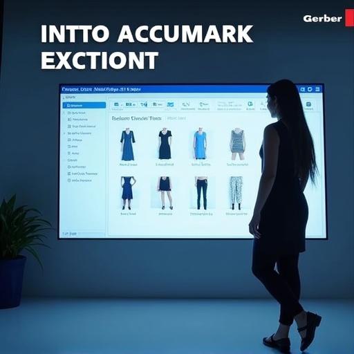 Fashion designer stands next to large screen showing AccuMark Explorer dashboard. Folders and models visible on screen. Clean tech environment with studio lighting. Blue and white color scheme. Bold text states 'Intro to AccuMark'. Gerber logo appears in corner.