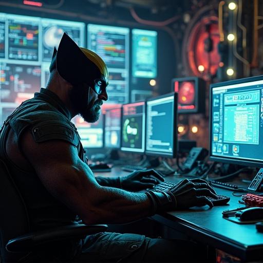 Wolverine depicted in a futuristic military command center. He interacts with advanced technology. Background features LED screens and military gadgets. Emphasis on neon lights and electronic devices.