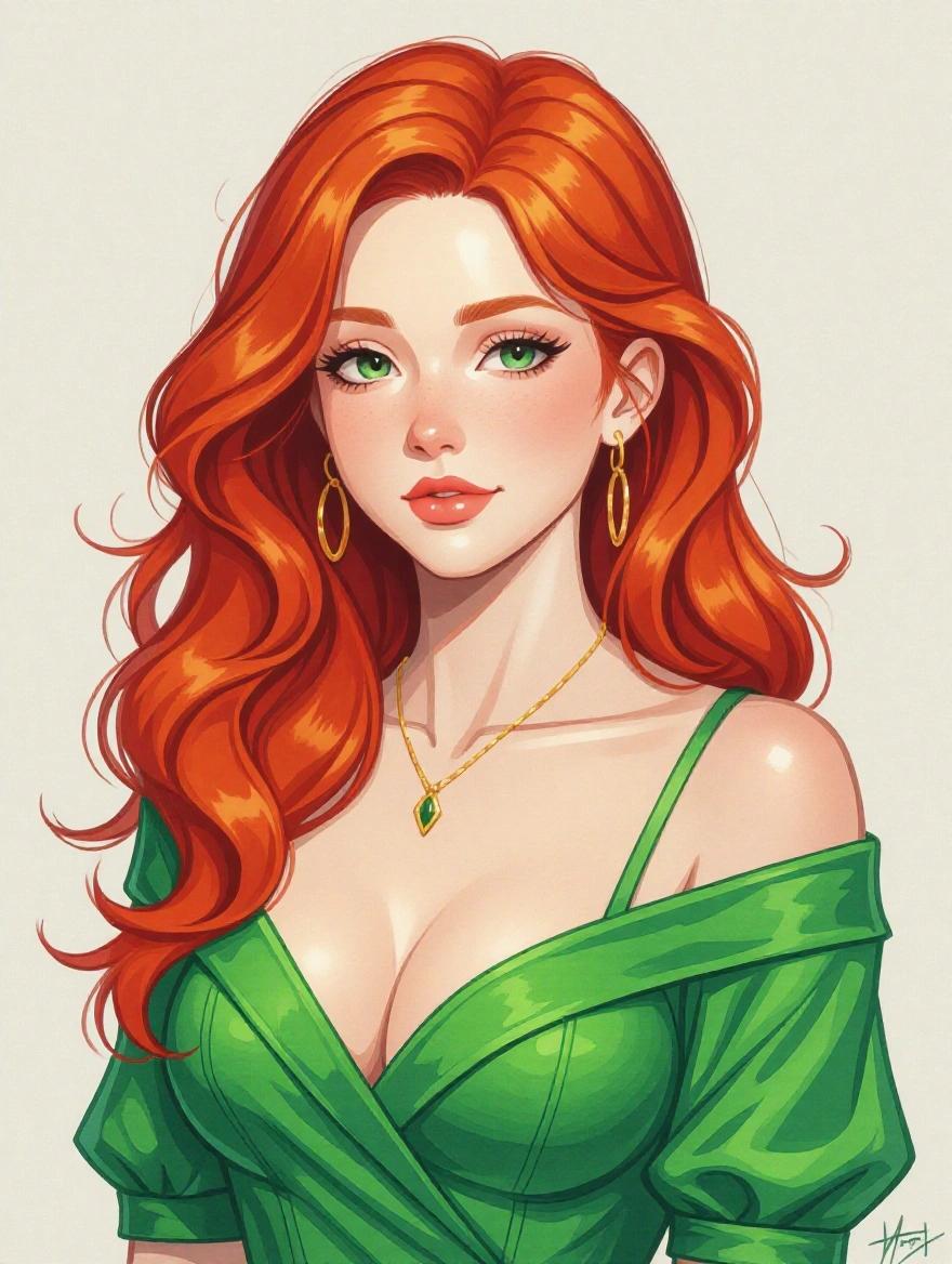 Gorgeous redhead with flowing hair and vibrant green dress. Semi-realistic art style emphasizing beauty and glamour.