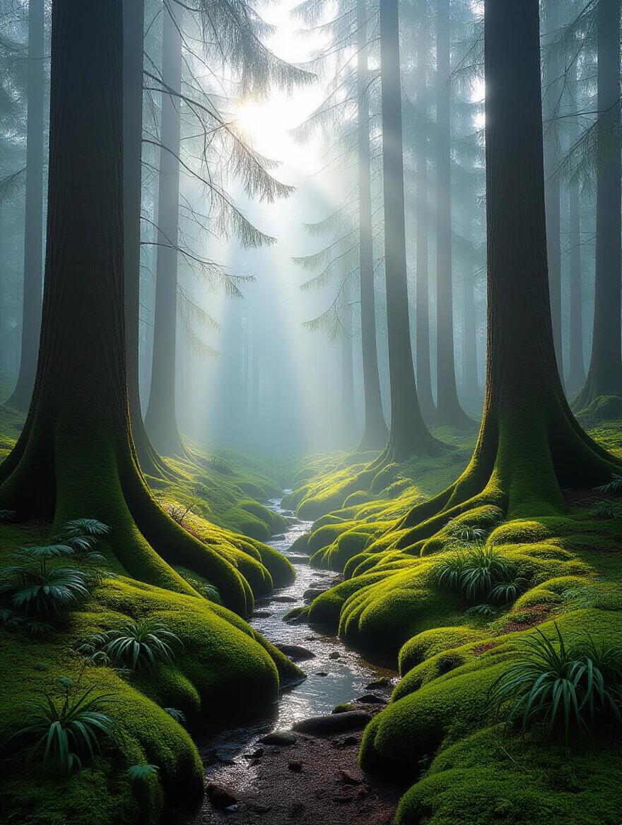 Majestic ancient forest enveloped in morning fog. Soft light filters through towering trees. Lush green moss carpets the ground. A hidden stream meanders through the scene. Elements of dynamism and obscurity create an ethereal atmosphere.