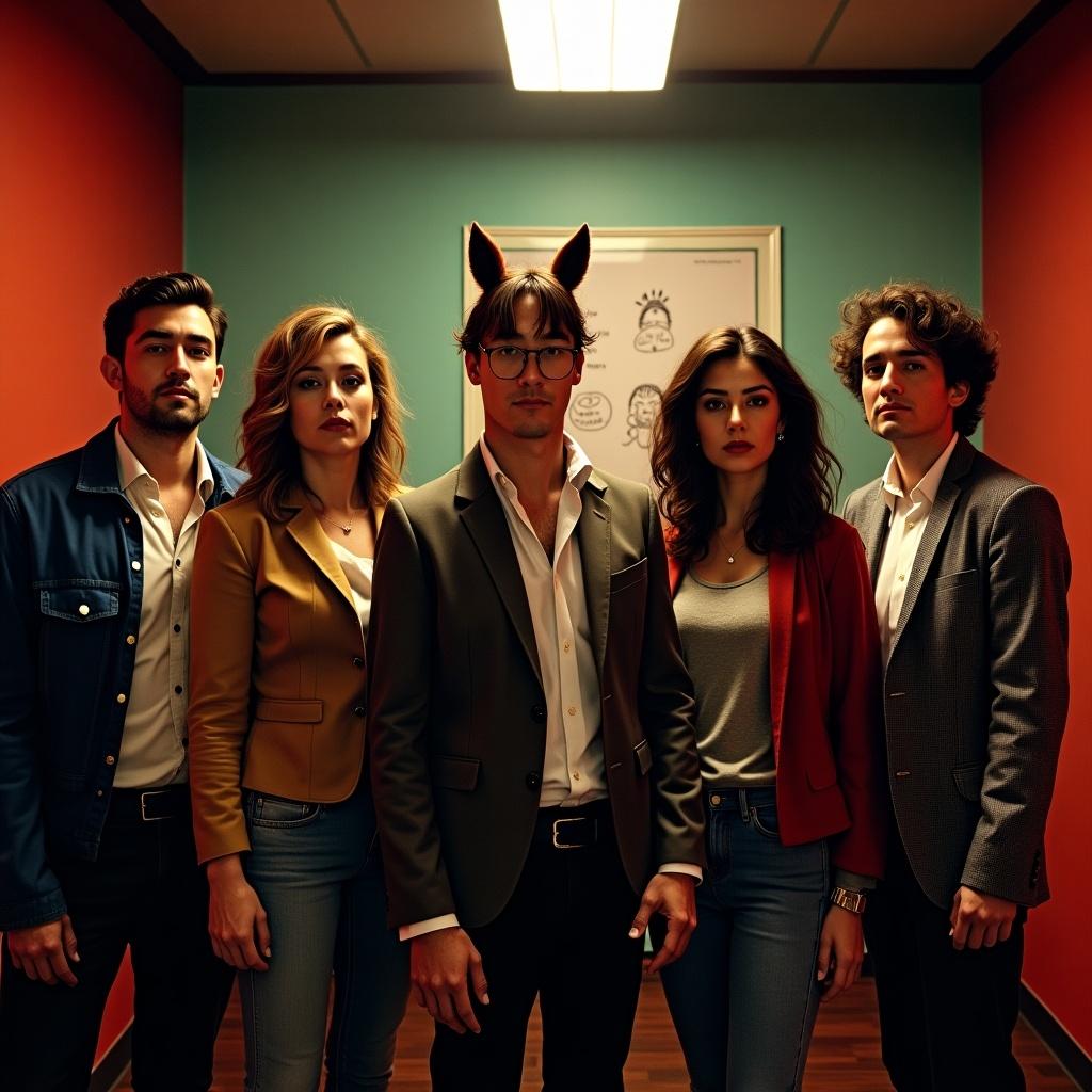 Five characters from various Netflix series stand together in a stylish and colorful setting resembling an escape room. They appear serious but also quirky, reflecting the uniqueness of their respective shows. The backdrop features vibrant colors and art that could hint at elements from their stories. Each character is dressed in a fashionable style, showcasing their individual personalities. The atmosphere is intriguing, hinting at adventure and collaboration across different storylines.