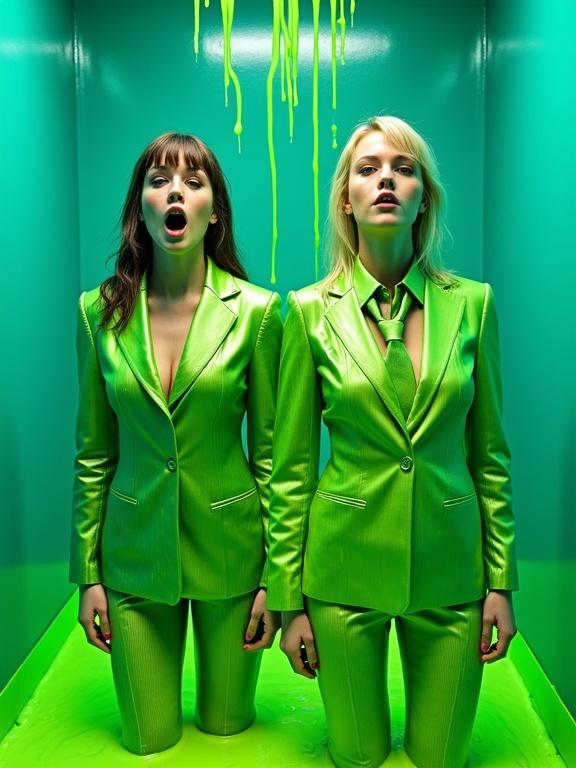 Photo of two women side-by-side in teal enclosure covered in bright green slime. Woman on left in profile. Expression of surprise with mouth open. Woman on right facing forward with similar expression. Both in shiny satin suits with ties. Slime dripping on floor from above. Brightly lit environment. Playful and comical atmosphere with structural teal enclosure.