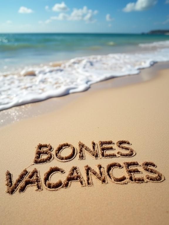 Beach sand with the phrase BONES VACANCES written in the sand. Clear ocean in the background, sunny day.