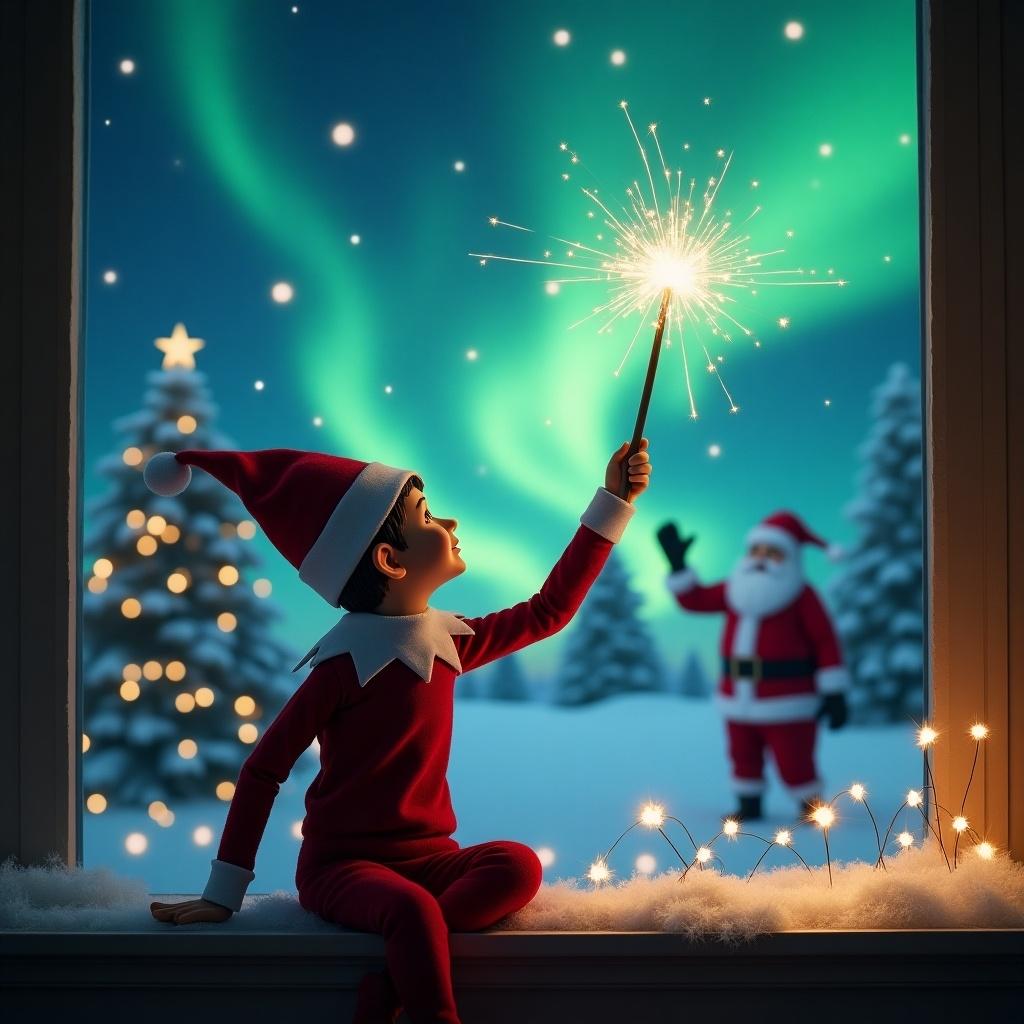 Elf on the shelf facing the sky using a wand in a magical Christmas setting. Background features northern lights and Santa.