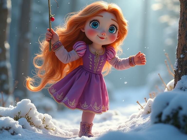 A vibrant animated princess stands joyfully in a snowy forest. The character has long, flowing hair and wears a stunning purple dress. Snowflakes gently fall around her.
