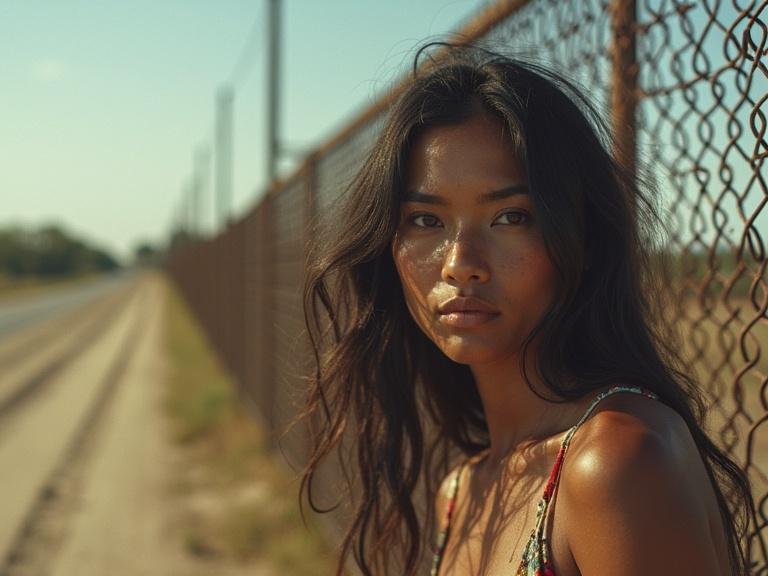Photorealistic image showing a woman in profile against a border wall. A road is visible alongside. The woman exhibits a sense of strength and resilience. Natural colors dominate the scene with an emphasis on the emotions surrounding trafficking.