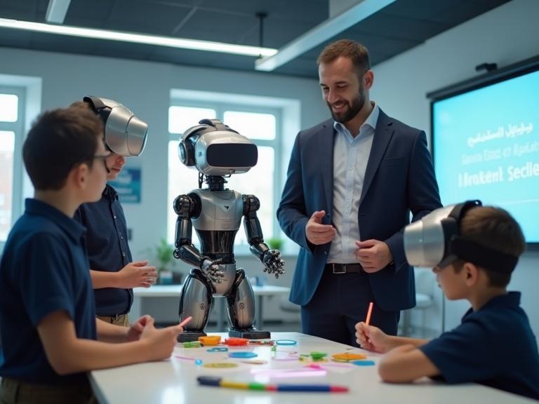A futuristic robot is in a modern student activity room. Egyptian boys interact with VR headsets and creative tools. A smiling male teacher guides them. The room is naturally lit with soft lighting and modern equipment. A smart board displays text in English.