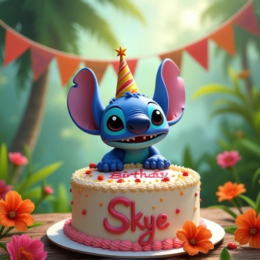 Stitch character celebrates birthday. Cake says Skye. Bright tropical park scene. Colorful flowers and flags present.