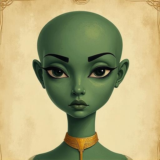 Flat vintage-style portrait of a serene green-skinned humanoid figure with elegant facial features. Large almond-shaped eyes and stylized black eyebrows. Muted golden collar detail. Minimalist background in soft parchment beige with faint paper texture. Fine pencil-outline detailing applies to the figure. Smooth shaded skin with no hard shadows, representing ancient sacred art style with a modern digital illustration finish.