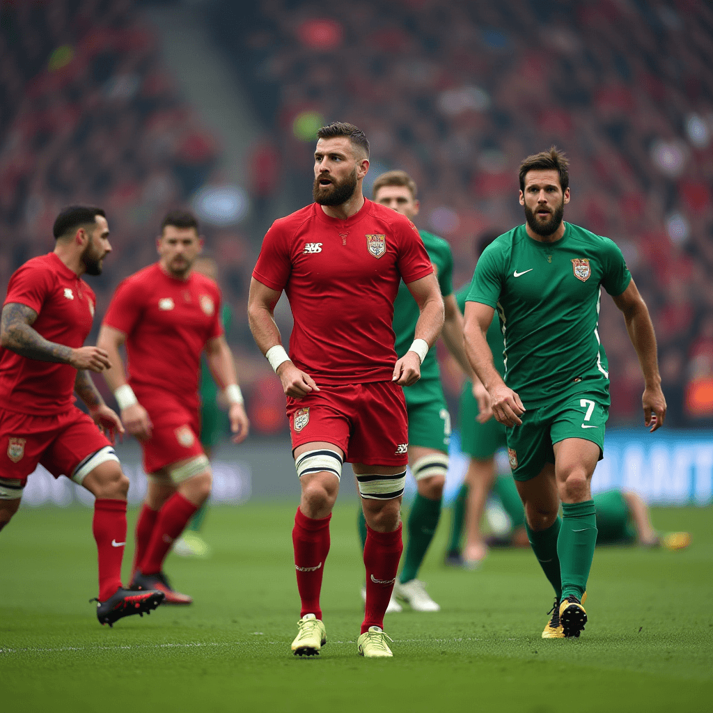 The image shows a rugby match in action with players from two opposing teams. One team is dressed in bright red uniforms while the other team is in green. The players appear to be in motion, focusing intensely on the game. The stadium in the background is filled with spectators, suggesting a large and lively audience. The red team’s uniforms feature a crest on the chest and white shorts, and the green team’s uniforms also have a crest and white accents. The field is lush and green, complementing the players’ outfits.