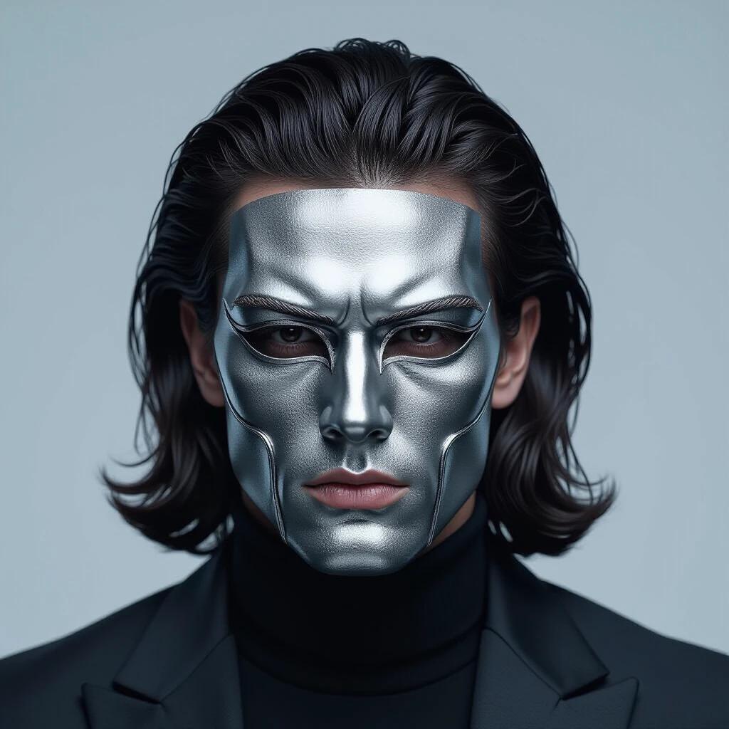 Generate an image of a man wearing a completely covering metallic chrome mask with long smooth black hair. The image showcases elegance and modernity. It captures a sense of mystery and style.