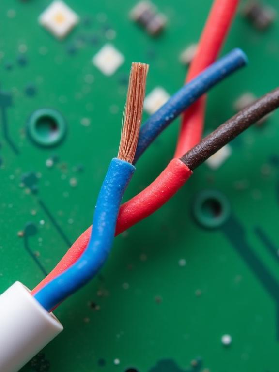 A close-up view of twisted wires in blue and red colors on a green printed circuit board (PCB).