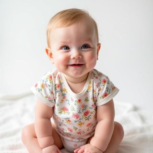 Very cute baby in colorful European-style clothing with a gentle smile. Close-up view highlights the head, neck, shoulders, and chest. No hands visible. Soft natural lighting on a bright plain background.