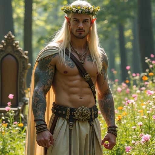 A powerful male elf dressed in a flowing cloak-like garment. The elf has long, blonde hair and wears a floral crown. He has a muscular physique and detailed tattoos on his arms and torso. The setting is a vibrant meadow in a sunlit forest. The elf holds a staff and has a serious expression. The atmosphere captures magical and serene strength.
