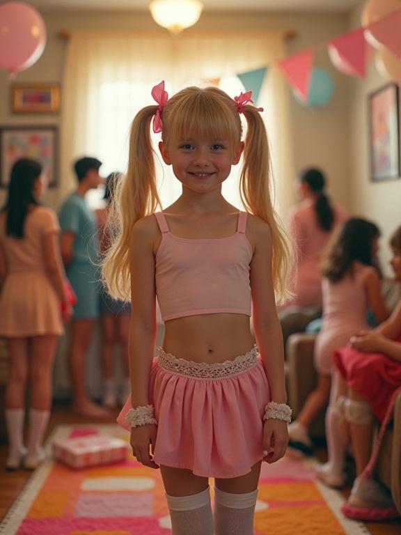 A nostalgic birthday party scene in a cozy living room. Central character has blonde hair in twin tails with pink bows. Wears a playful cropped top and pleated skirt. Thigh-high socks with lace trim. Bright expression, delicate silhouette. Background filled with partygoers in colorful outfits, balloons, and presents. Vibrant rug underfoot. Pixelated, low-res image with noticeable compression, generating an early 2010s phone camera feel with over-saturated colors