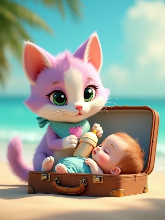 Cute kitten with pink and lavender fur caring for a baby on a tropical beach. The kitten holds a baby bottle. The baby lies in a vintage suitcase. A sunny day with palm trees in the background.