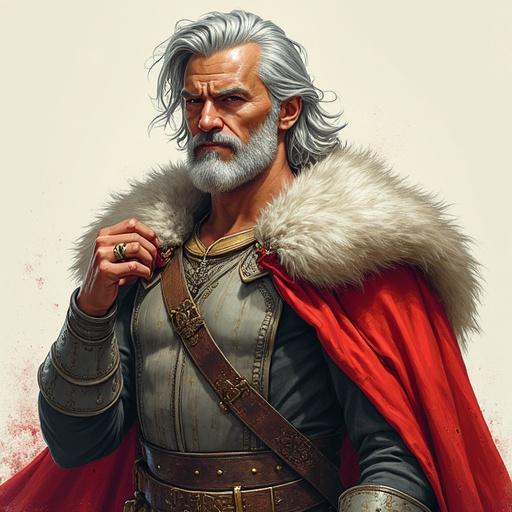 Color drawing of a young man with large horns. Semi-god, half man, half beast with platinum hair but looks young and has horns. Wears fantasy clothes.