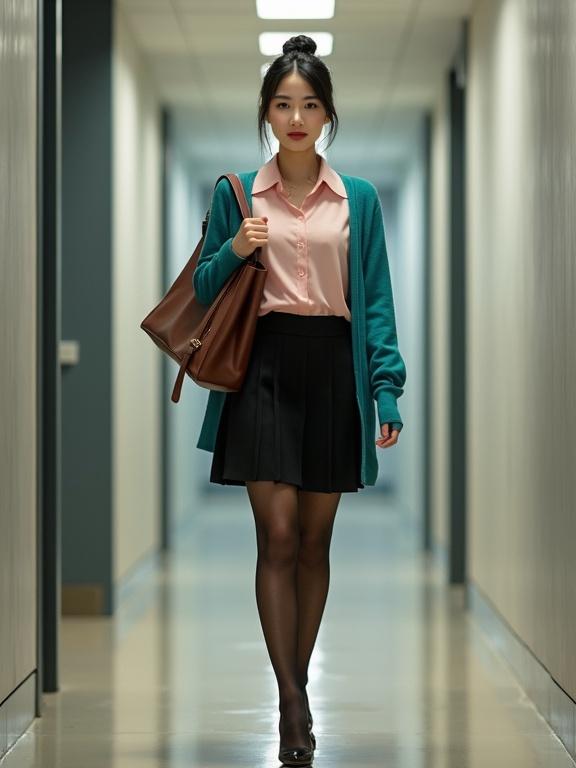 Full body image of a young East Asian woman dressed in a blush-pink blouse and black skirt. She wears a teal cardigan and black pantyhose. Brown satchel slung over her shoulder. Jet-black hair in a bun. Smiling with light makeup. Modern office setting with soft lighting.