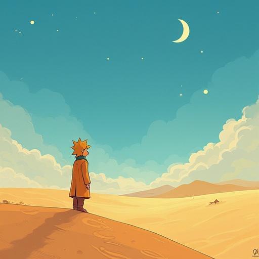 A character resembling the Little Prince stands in a vast desert under a blue sky. The scene captures a sense of introspection and exploration, evoking themes of existence.