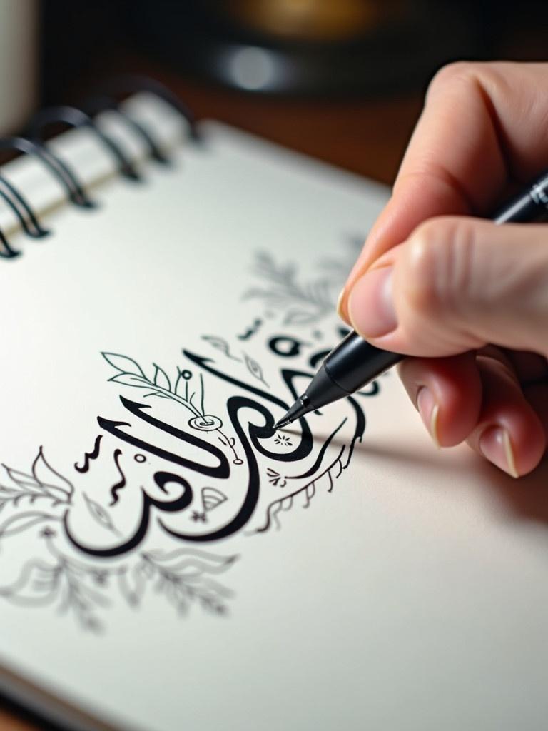 Close-up view of hand using pen to create Arabic calligraphy on white paper. Bold black ink strokes surround decorative designs. Soft lighting enhances visual appeal of letters. The phrase لا إله إلا الله محمد رسول الله is being written.