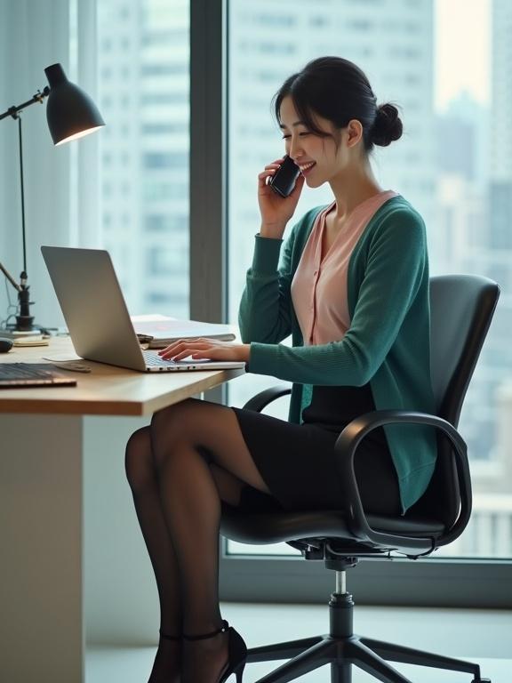 Full body view of a late-20s Korean female secretary. She talks on a phone while seated at her desk. Wears a blush-pink blouse, black knee-length skirt, and teal cardigan. Dark-brown pantyhose and black pumps are worn. Black hair is in a bun. Has light makeup and a smile. Desk with laptop and dossiers. Office building in the background with office lighting.