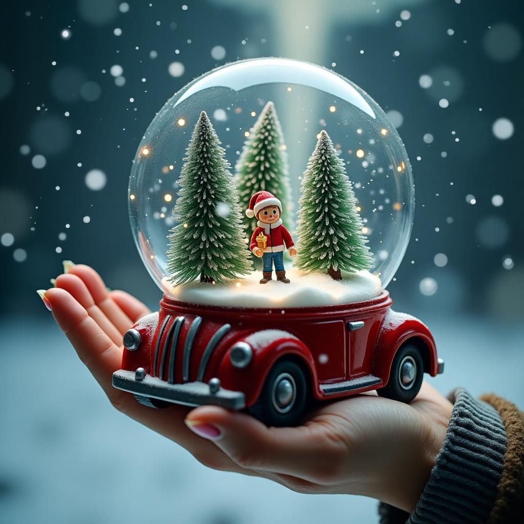 A storm chaser vehicle holds a Christmas snow globe. Snow globe features small trees and a tiny figure in a Santa outfit. Snowflakes fall in the background with a soft glowing effect. Cozy winter scene evokes warmth and joy.