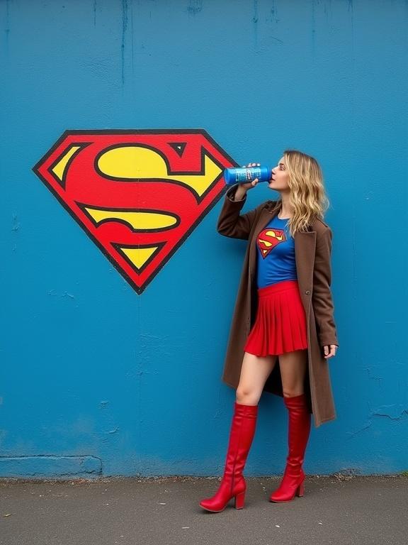 Photograph of a woman in superhero attire. The woman is on the right. She wears a brown coat, blue top with Superman emblem, red mini-skirt, and red knee-high boots. Drinking from a blue water bottle. Wavy blonde hair and textured blue wall. Dark gray pavement. Eye-level camera angle. Natural light from the left. Rule of thirds composition. Medium wide shot. Likely taken with DSLR camera. High aesthetic quality. Portrait orientation. Balanced composition.