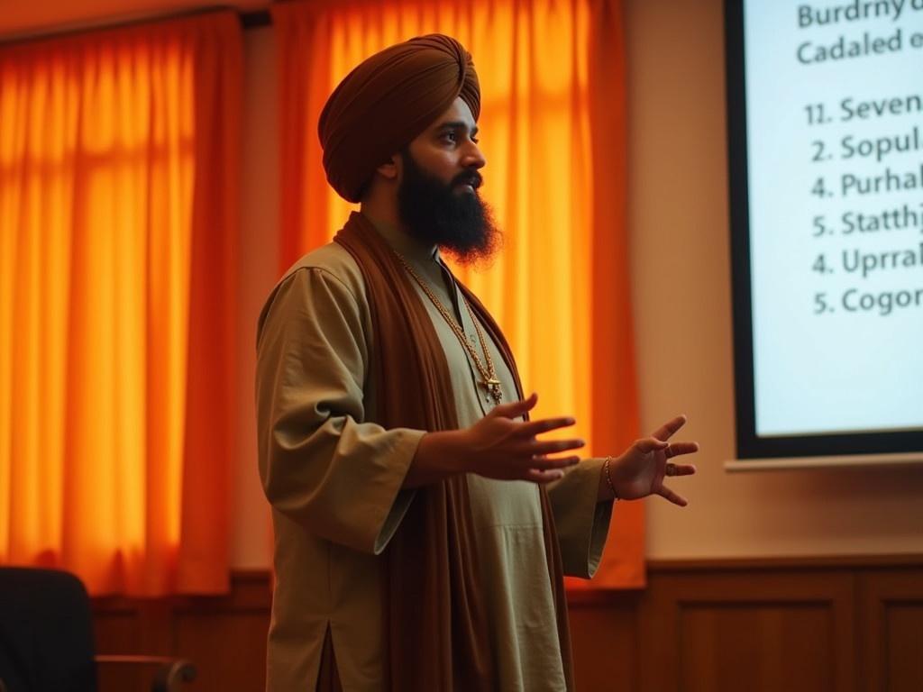 The image captures a person wearing a traditional outfit that includes a long, flowing garment and a turban. The background features orange curtains which provide a warm atmosphere. The person appears to be giving a presentation or lecture, standing in front of a screen that may display informative content. The setting reflects a formal environment, possibly in a classroom or conference room. The focus is on the person's attire and stance, conveying respect and authority.