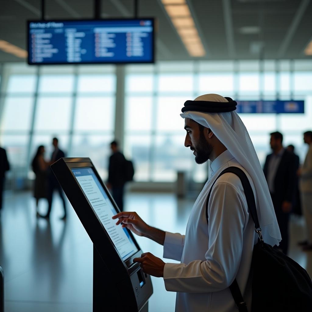 The image shows an Arabic man scanning his ticket at a self-service kiosk in an airport. He looks focused as he navigates the screen to find his boarding gate. In the background, other travelers are seen engaging in various activities. Large digital boards display flight information above. The area is bright and airy, thanks to the expansive windows. This scene reflects the modern conveniences of air travel, showcasing how technology enhances the passenger experience.