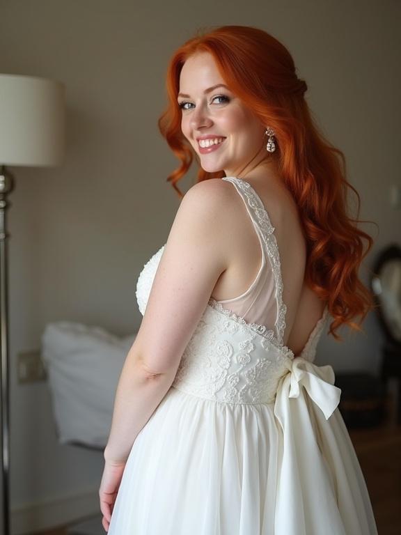 Twenty years old woman in a white wedding dress. Young beautiful redhead with a round face. Standing in a side view. Playful pose and happy expression. Wedding setting with soft colors.