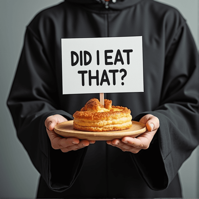 A person in a dark robe holds a pastry on a wooden plate with a sign that reads, 'Did I Eat That?'.