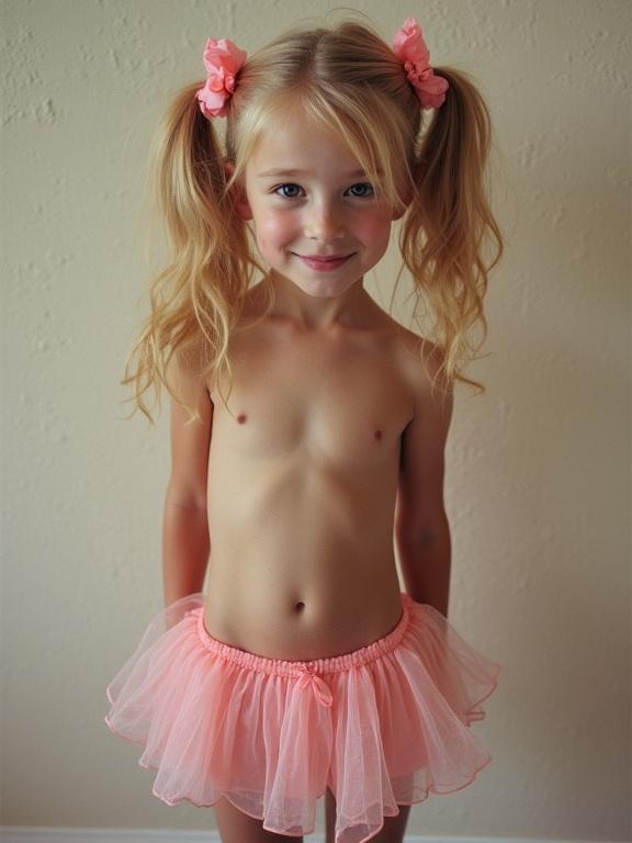 A young girl models a pink micro-skirt. Long blonde hair in twin tails with pink bows. Natural lighting. She stands smiling in a simple pose.