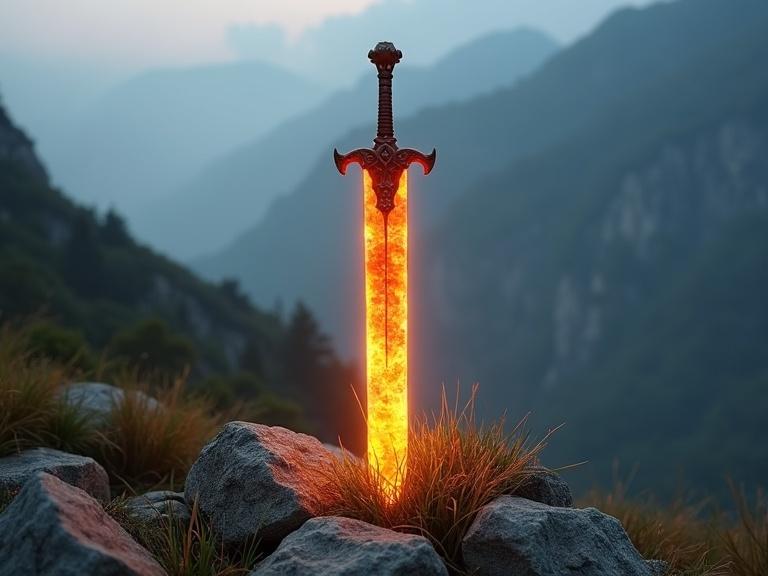 Sword made of fire-looking glass emerges from the ground. The sword's handle is at the top. Surrounded by stones and grass glowing with light. Mountainous landscape in the background.
