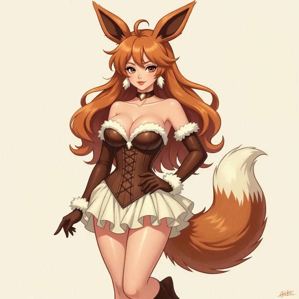 Adult female figure inspired by Eevee. Sensual and provocative design. Curvaceous body with soft skin and long legs. Narrow waist and pronounced bust. Tight brown corset with white plush edges. Short skirt with creamy ruffles. Long loose wavy reddish-brown hair. Large pointy ears and voluminous furry tail. Seductive expression, confident pose, one leg crossed. Feminine and suggestive appearance.