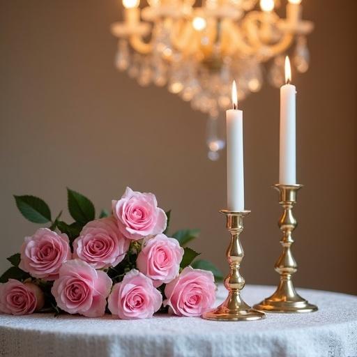 An elegant arrangement with pink roses placed on a white lace tablecloth over a white table. A beautiful gold candlestick holds a glowing white candle, with a sparkling crystal chandelier in the background creating a romantic atmosphere.