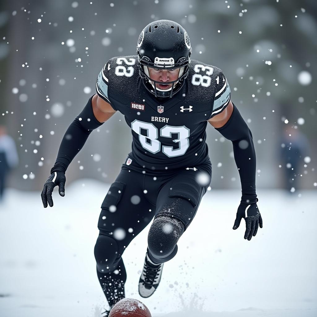 A football player dressed in a striking black and white uniform is captured in a dynamic moment, sprinting across a snowy field. The snowflakes are visibly falling around him, enhancing the dramatic winter atmosphere. His focus is intense as he chases the football on the ground. The uniform is sleek, with bold numbers and logos, showcasing the player's athleticism. The scene highlights the excitement of outdoor sports during winter, emphasizing the challenges and beauty of playing in the snow.