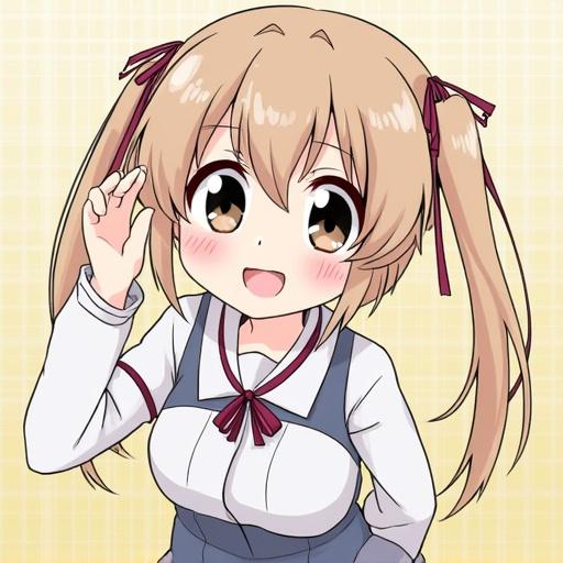 Anime style cute young woman waving. She has long hair with ribbons and a cheerful expression. She wears a school uniform.