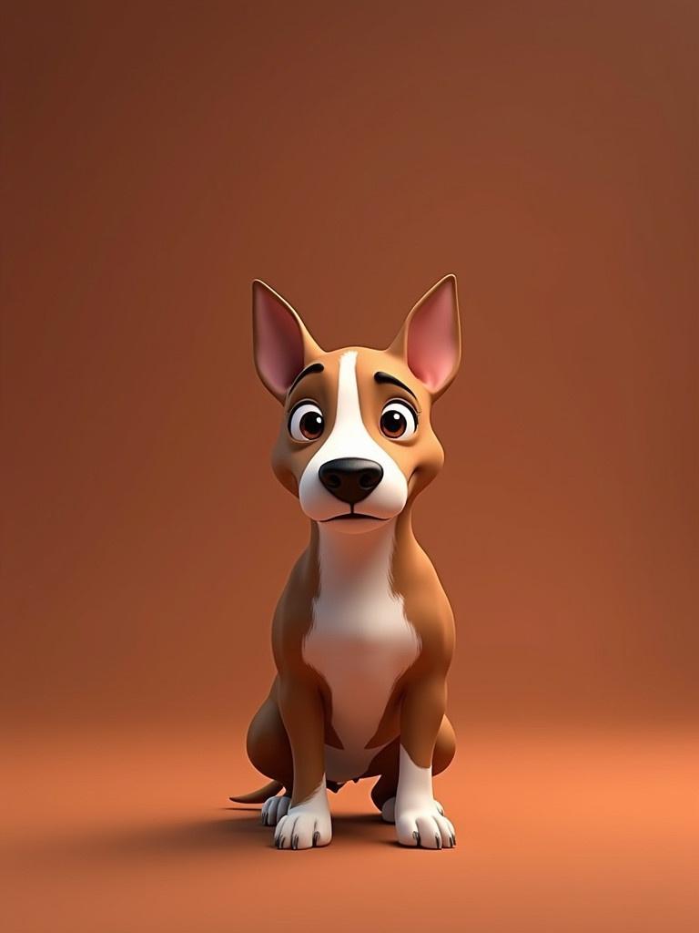 A miniature bull terrier with brown fur stares at the camera from a simple background. The character is styled as if it were on a Pixar movie cover.