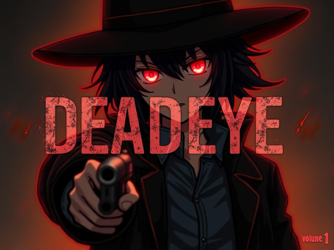 The image features an anime-style character with dark hair and glowing red eyes. The character is dressed in a black coat and a wide-brimmed hat, pointing a gun directly at the viewer. The background is dark, enhancing the dramatic effect, and the title 'DEADEYE' is prominently displayed in bold, distressed letters. The overall tone gives a sense of tension and excitement, suggesting a narrative filled with action and intrigue. This character seems to embody themes typical of Western or action genres, appealing to anime fans.