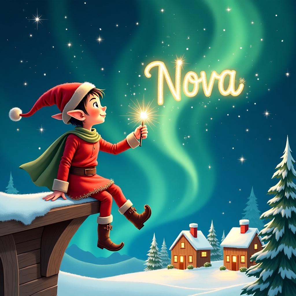 An elf is perched on a wooden ledge, gazing at the enchanting Northern Lights. Dressed in a bright red outfit and a pointy hat, the elf holds a sparkling wand. With it, the elf creates the name 'Nova' in the twinkling sky. Below, a charming snowy scene features small houses and evergreen trees. This artwork embodies the spirit of holiday magic and whimsical fun.