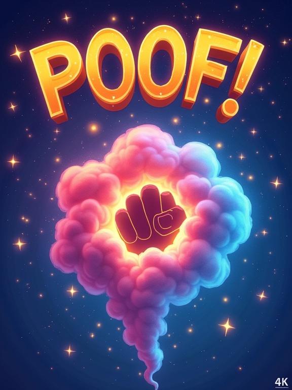 Colorful magical puff of smoke with sparkles and a disappearing thumb silhouette inside set against a starry night sky with a bold comic text POOF in a whimsical and dynamic style.