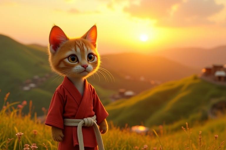 Vibrant scene at sunset in a hilltop location. Golden sky with rolling green hills. Small confident cat named Kittuu stands tall in a light red karate gi. White belt highlights his martial arts look. Expression shows determination. Background includes distant village with cozy huts glowing warmly. Bright, inviting colors used throughout the image.