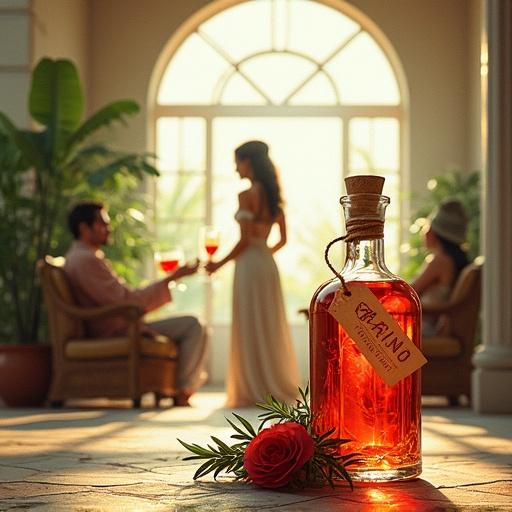 Minimalist scene in a cozy sunroom. Tribal goddess with tattoos serves cocktails. Tasting glass with shimmering reddish herbal liqueur. Ambiance of relaxation and escape. Serene atmosphere with soft lighting and antique furniture. Prominent apothecary-style spirit bottle with cork lid filled with reddish liqueur. Hang tag labeled 'ALFRUNO' in elegant handwritten font. Sprigs of rosemary, cinnamon, and a rose. Whimsical dreamy style with watercolor and mixed media.