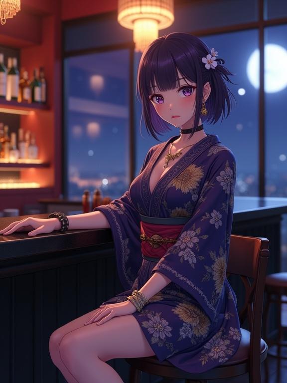 A young Japanese woman wearing a dark violet kimono sits on a bar stool. The kimono features a bold floral pattern in gold and silver. She has semi-long violet hair. A dark blue flower is in her hair. The background shows a moonlit night through a large window. The bar is softly lit with chandeliers and has a cozy ambiance. Shelves are stocked with liquor bottles. Her accessories include a choker necklace, dangling earrings, and multiple bracelets. The bar has a dark counter and red walls. The composition highlights her elegance and the intricate details of her outfit.