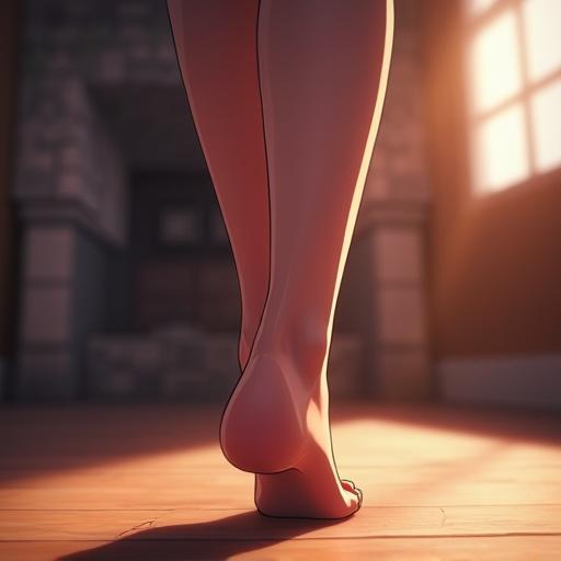 The illustration displays a close-up view of a character's bare foot stepping on a wooden floor. The scene is illuminated by soft cinematic lighting creating a warm atmosphere with a blurred background suggesting an indoor setting.